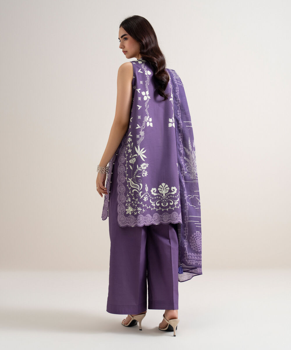 Women's Unstitched Lawn Printed Purple 3 Piece Suit