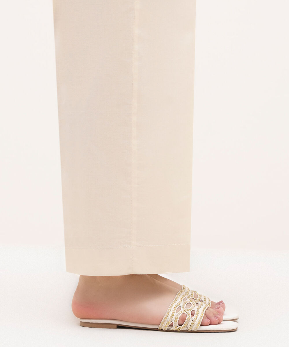 Women's RTW Cambric Off White Solid Straight Pants