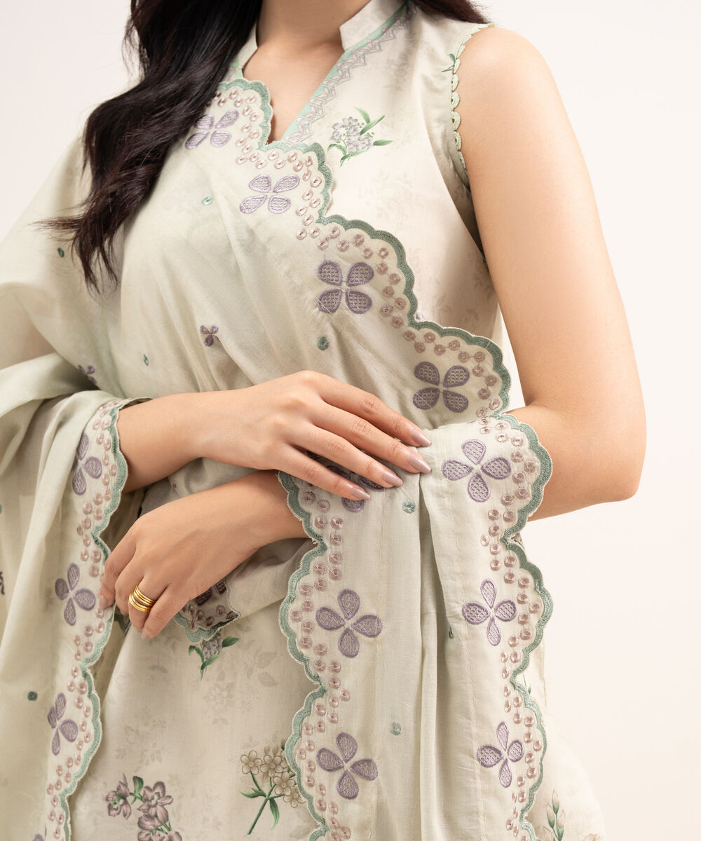 Women's Unstitched Lawn Embroidered Beige 3 Piece Suit