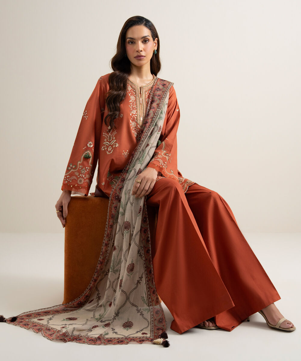 Women's Unstitched Zari Lawn Embroidered Orange 3 Piece Suit