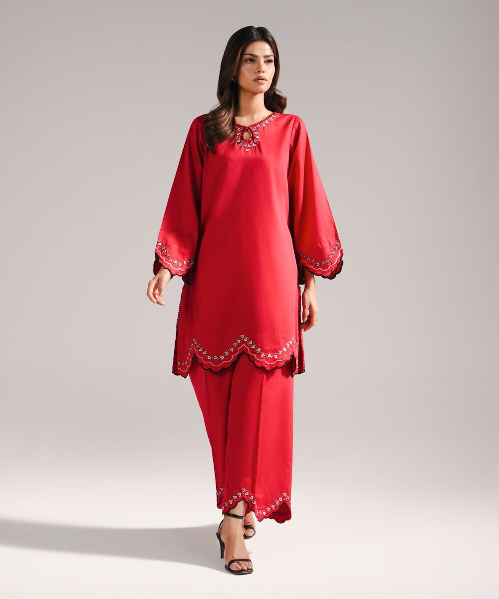 Women's RTW Cotton Satin Embroidered Red 2 Piece Suit