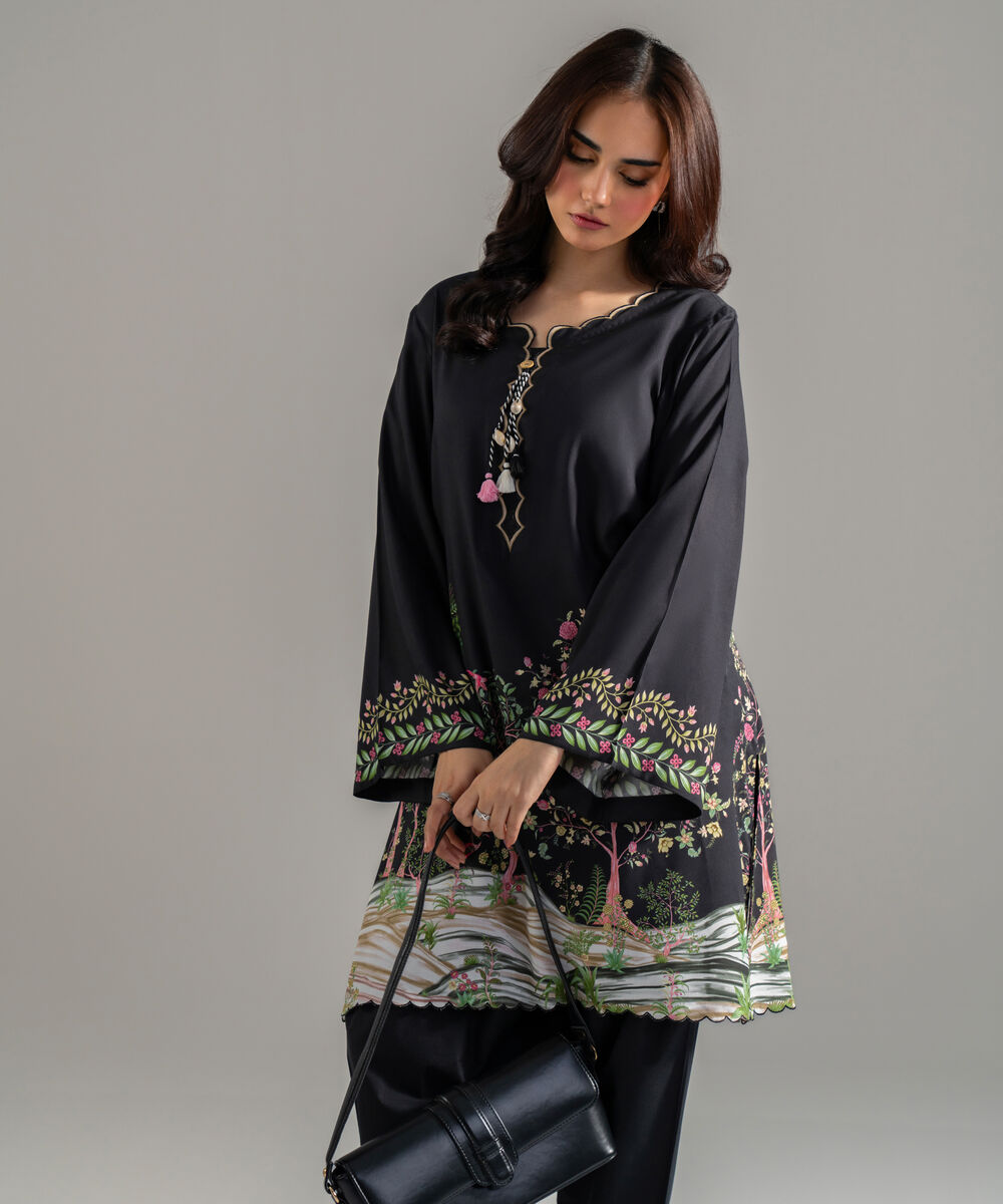 Women's RTW Arabic Lawn Printed Black Straight Shirt
