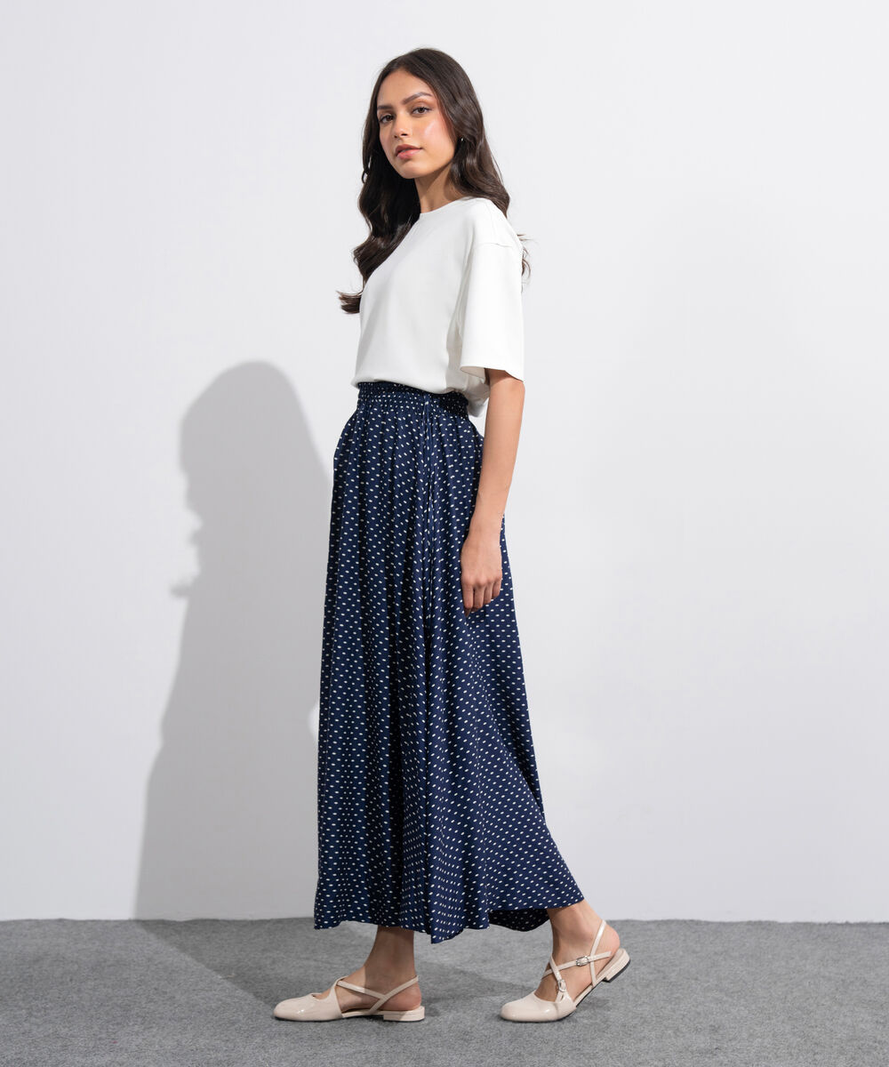 Women's Western Blue And  White Polka Dots Smocked Skirt