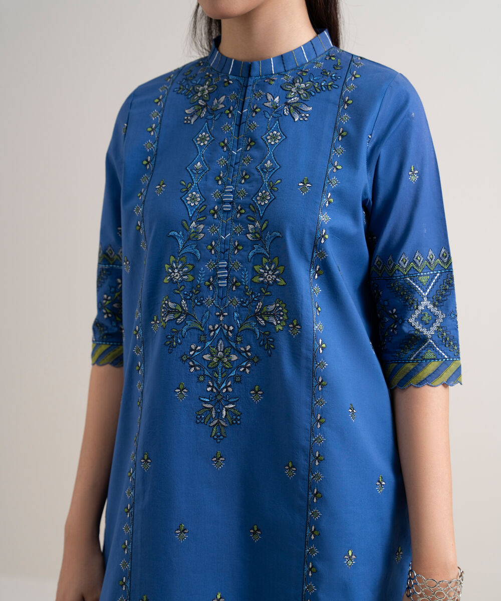 Women's Unstitched Fine Cotton Satin Embroidered Blue