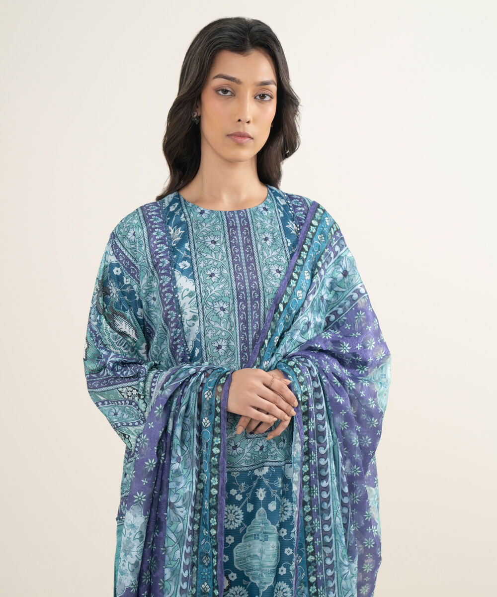 Women's RTW Blended Grip Silk Printed Green 3 Piece Suit