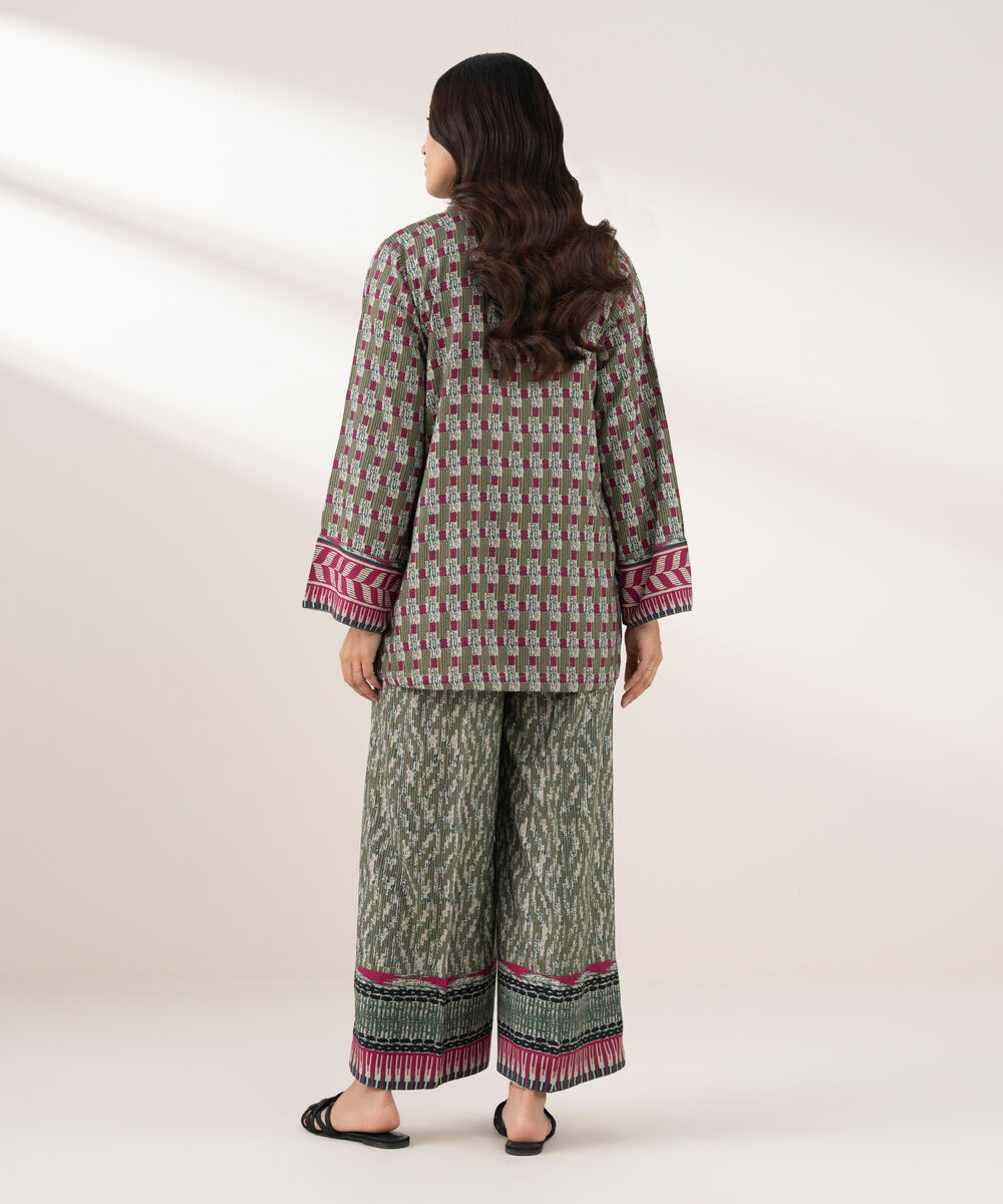 Women's RTW Viscose Linen Printed Straight Green Shirt