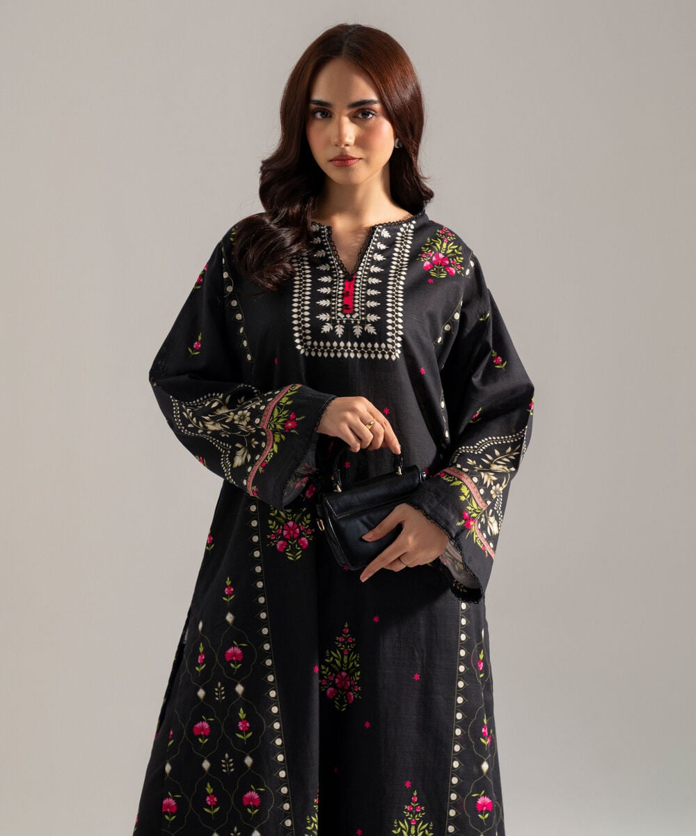 Women's RTW Printed Black Khaddar A-Line Shirt