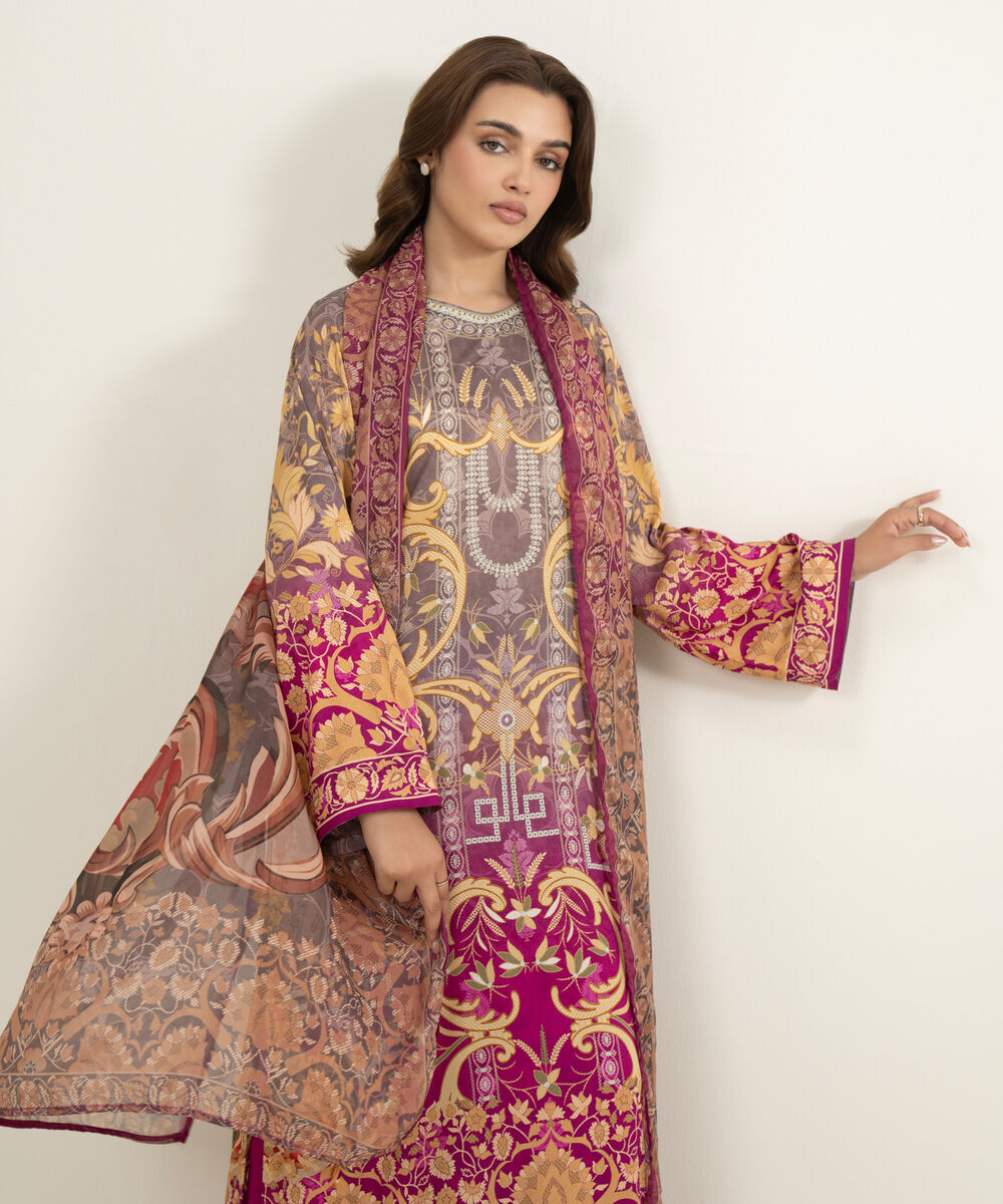 Women's RTW Viscose Raw Silk Printed Pink 3 Piece Suit