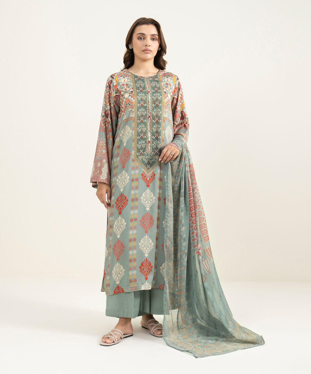 Women's RTW Viscose Raw Silk Printed Grey 3 Piece Suit