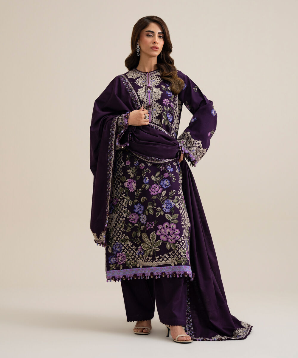 Women's Unstitched Basic Khaddar Embroidered Purple 3 Piece Suit