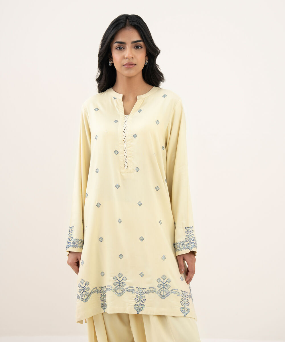 Women's RTW Khaddar Embroidered Straight Off White Shirt