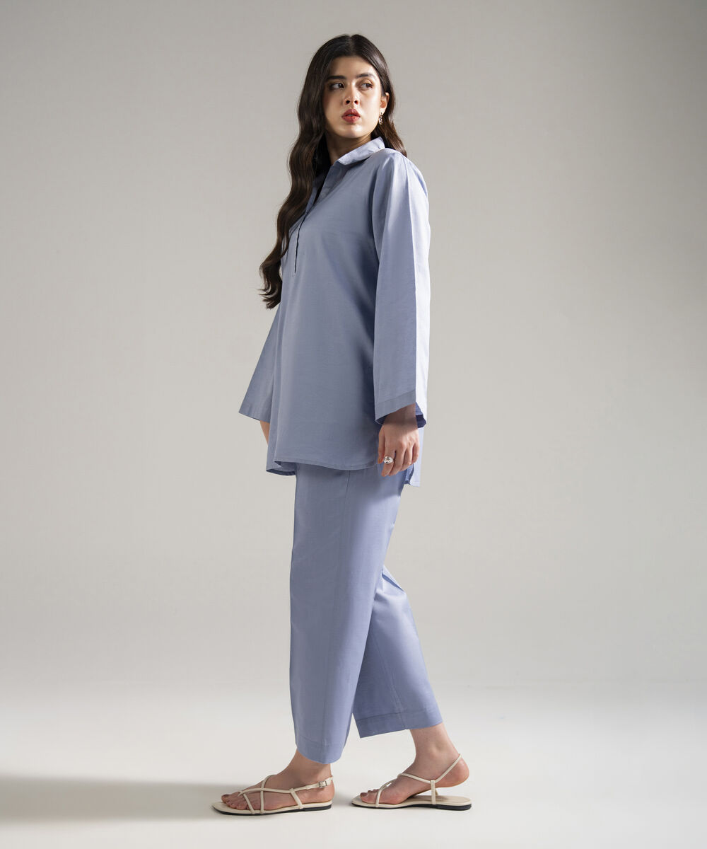 Women's RTW Cotton Linen Solid Steel Blue 2 Piece Suit