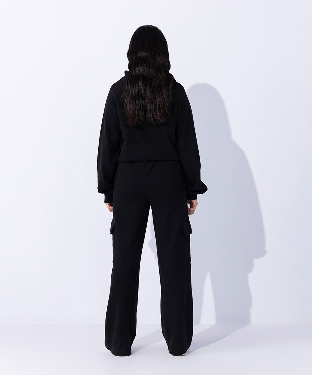 Woman - Black Raised Ribbed Cargo Joggers