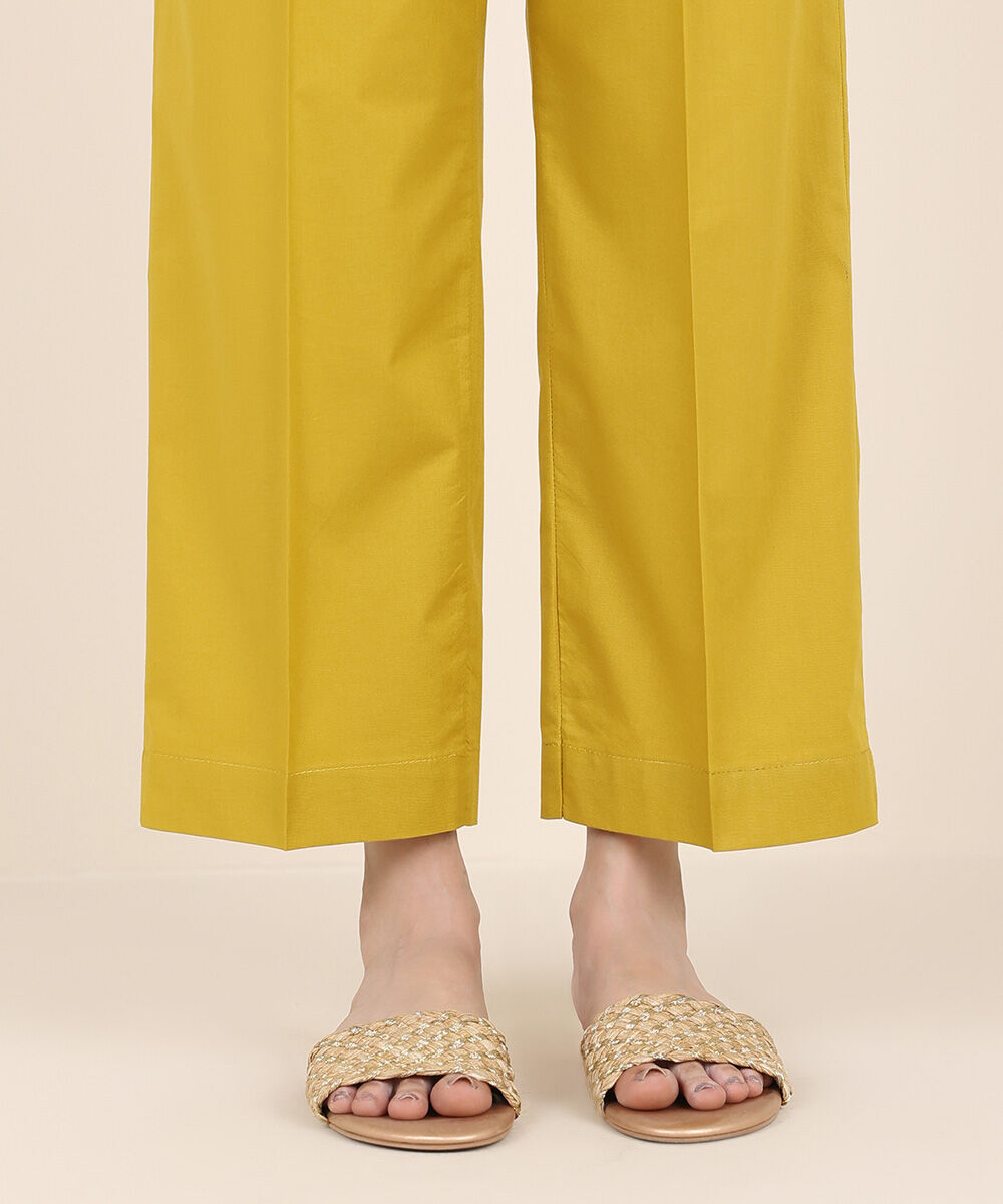 Women's RTW Cambric Yellow Solid Straight Pants