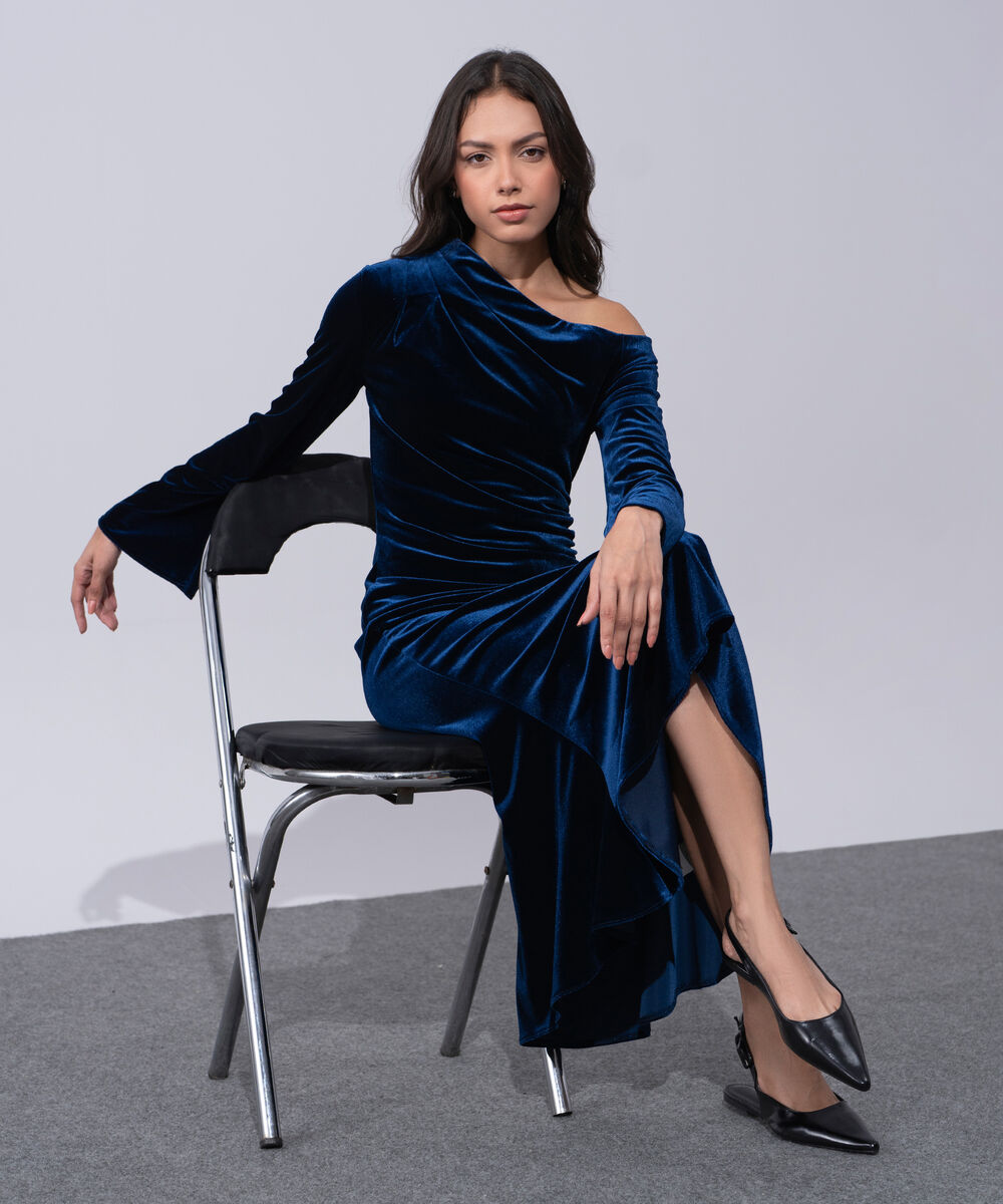 Women's Western Wear Blue Polyester Velvet Off-Shoulder Dress