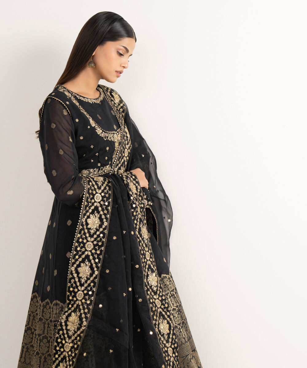 Women's RTW Zari Jacquard Black Embroidered 3 Piece Suit