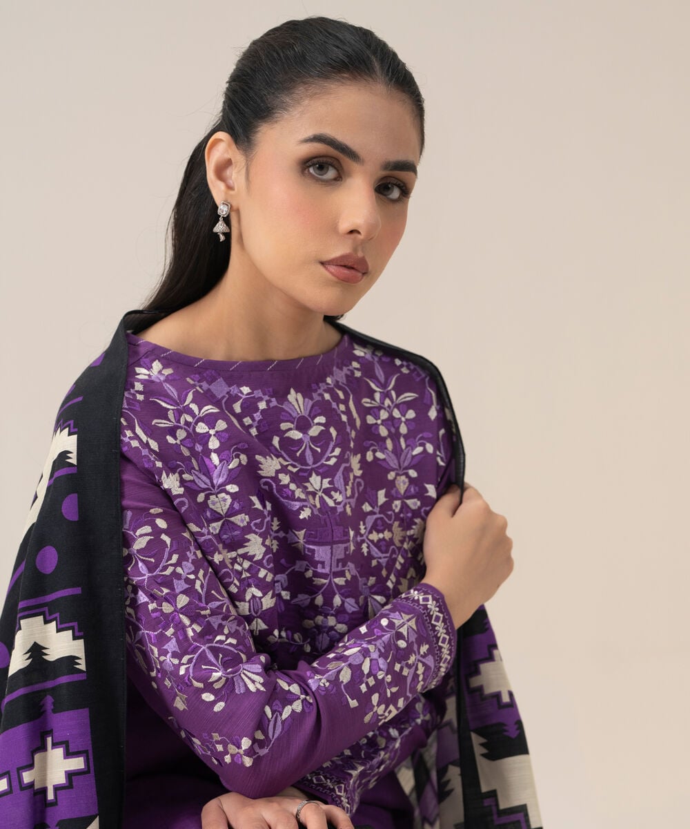 Women's Unstitched Lawn Embroidered Purple 3 Piece Suit