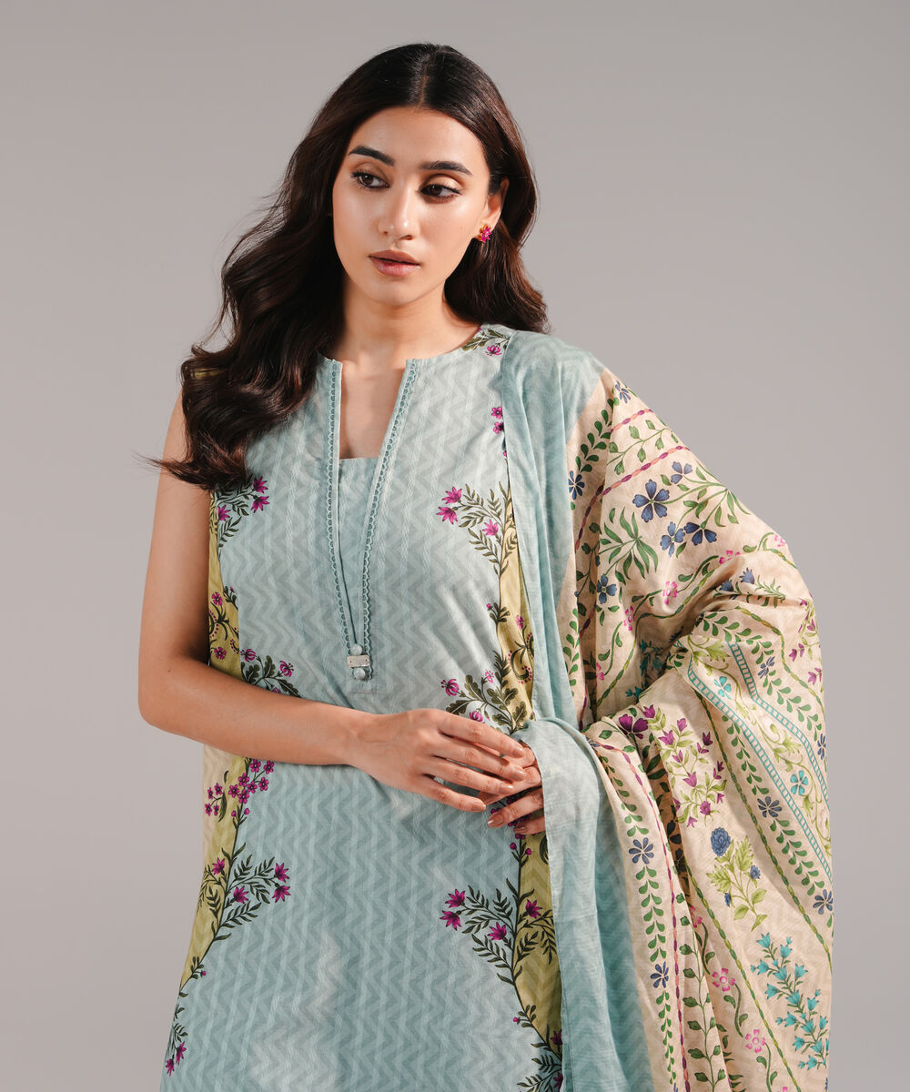 Women's RTW Dobby Printed Blue 3 Piece Suit