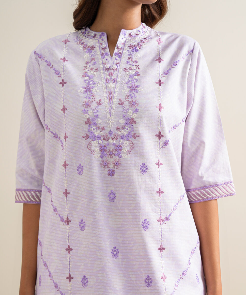 Women's Unstitched Zari Cotton Embroidered Purple 3 Piece Suit