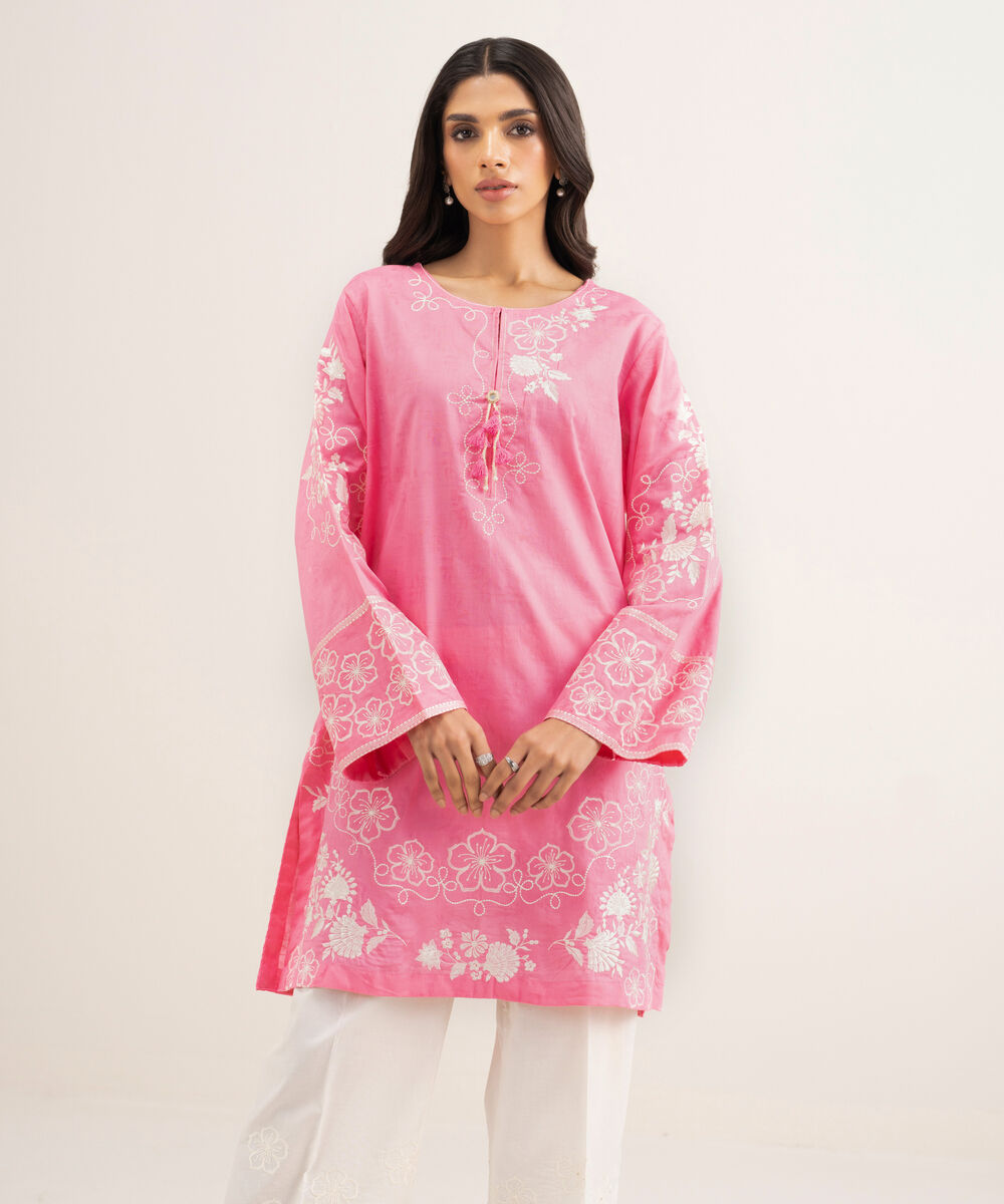 Women's RTW Self Jacquard Embroidered Pink Straight Shirt
