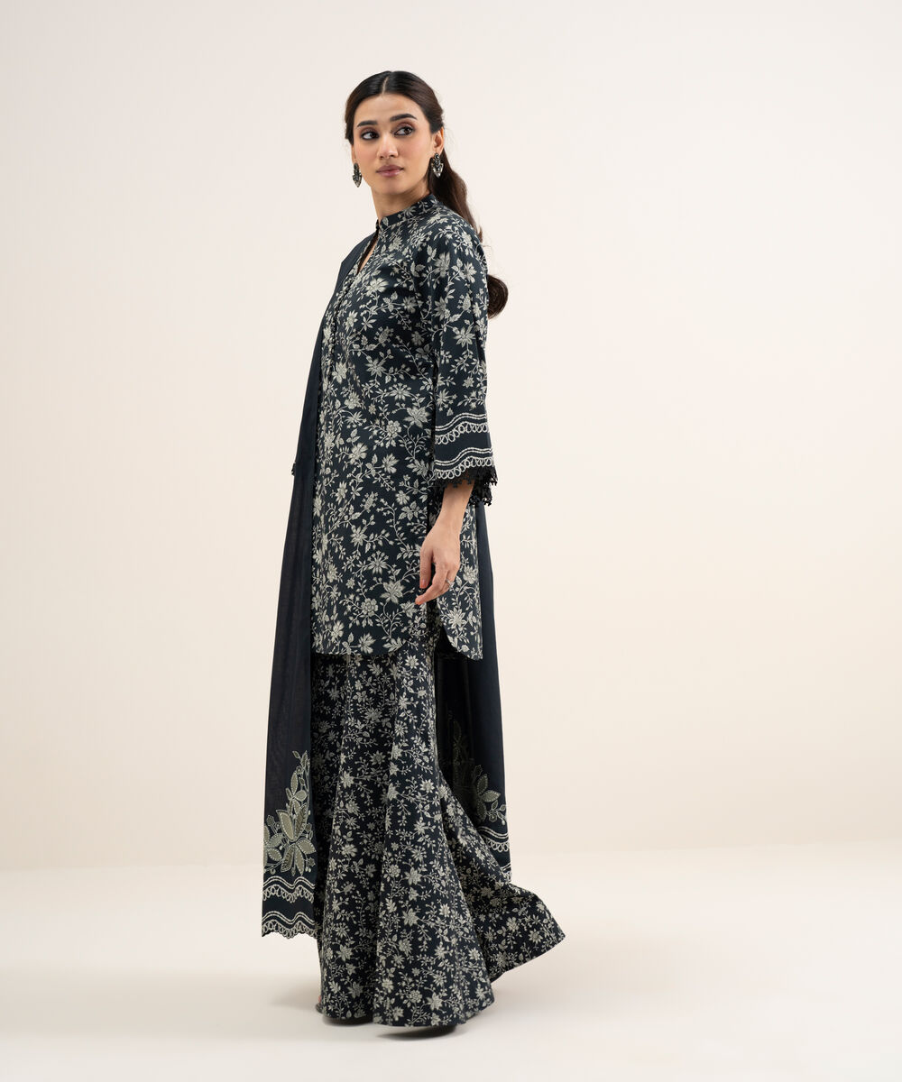 Women's Unstitched Lawn Embroidered Black and Off White 3 Piece Suit