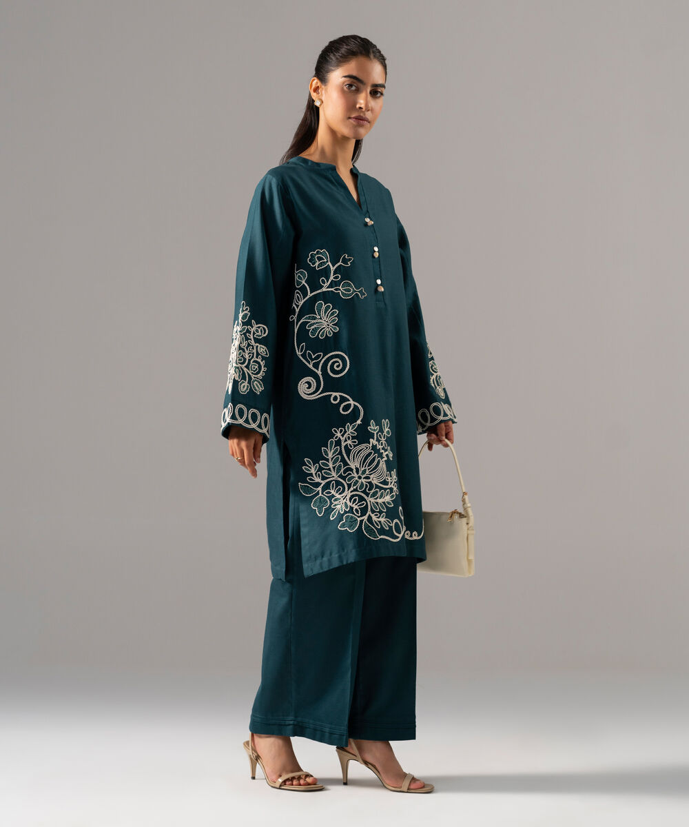 Women's RTW Cotton Linen Embroidered Green 2 Piece Suit