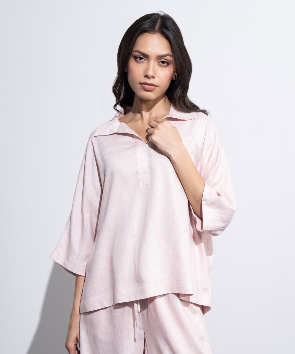 Women's Western Light Pink Loose-Fit Top With Kimono Sleeve