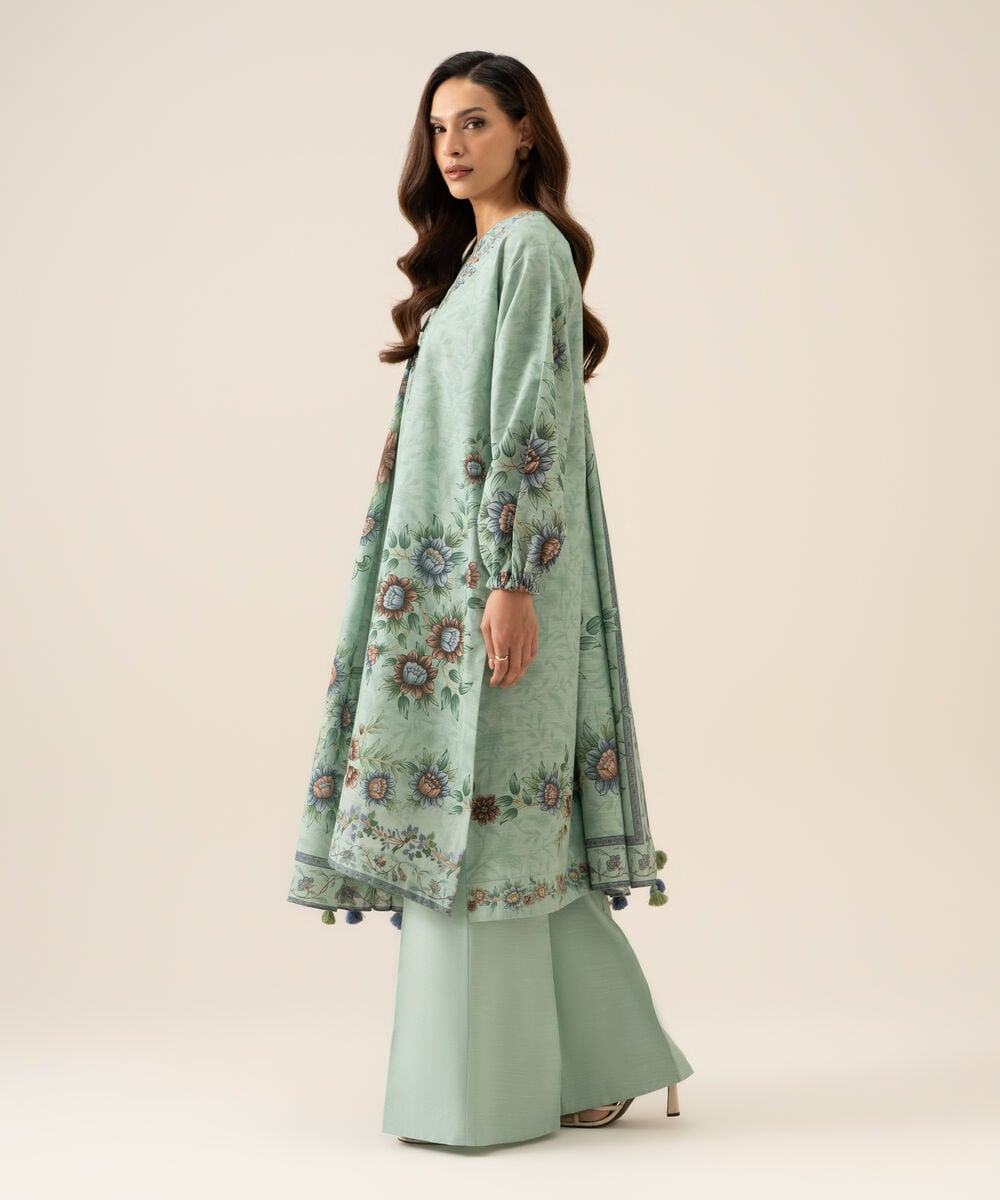 Women's Unstitched Light Khaddar Embroidered Light Mint Green 3 Piece Suit