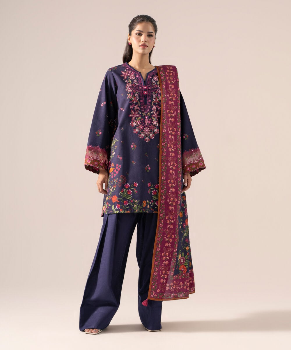 Women's Unstitched Premium Khaddar Embroidered Plum 3 Piece Suit