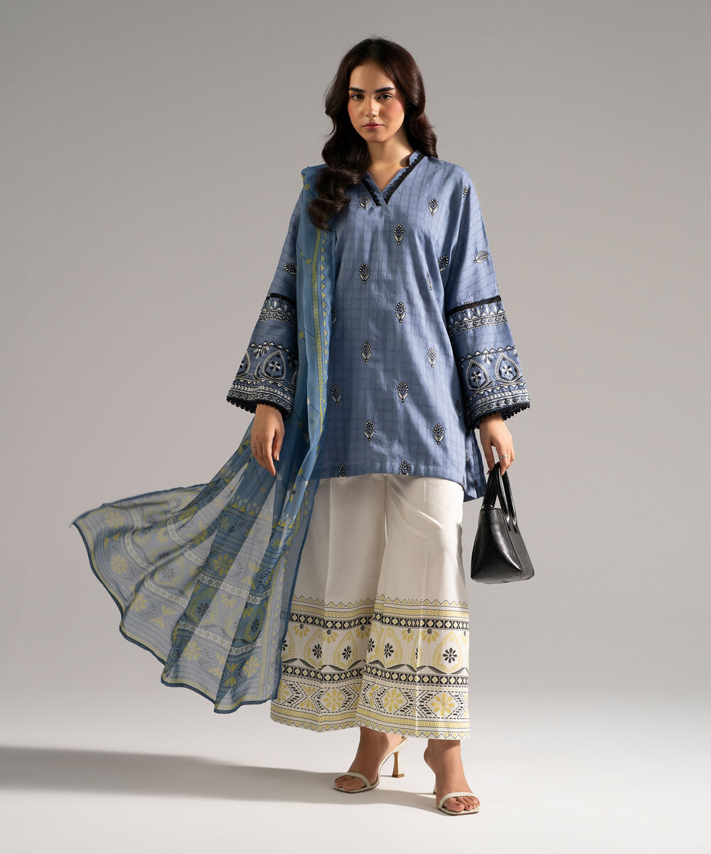 Women's RTW Dobby Embroidered Blue 3 Piece Suit
