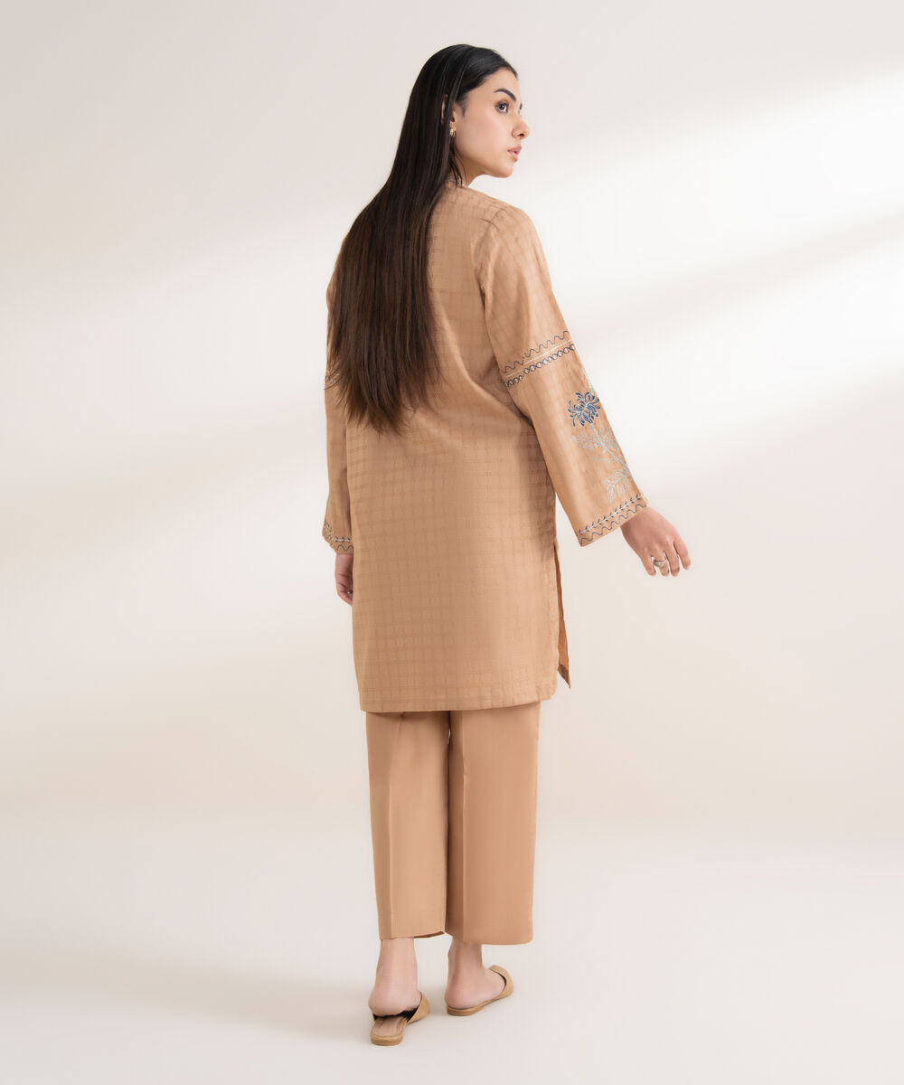 Women's RTW Textured Cotton Embroidered Straight Beige Shirt