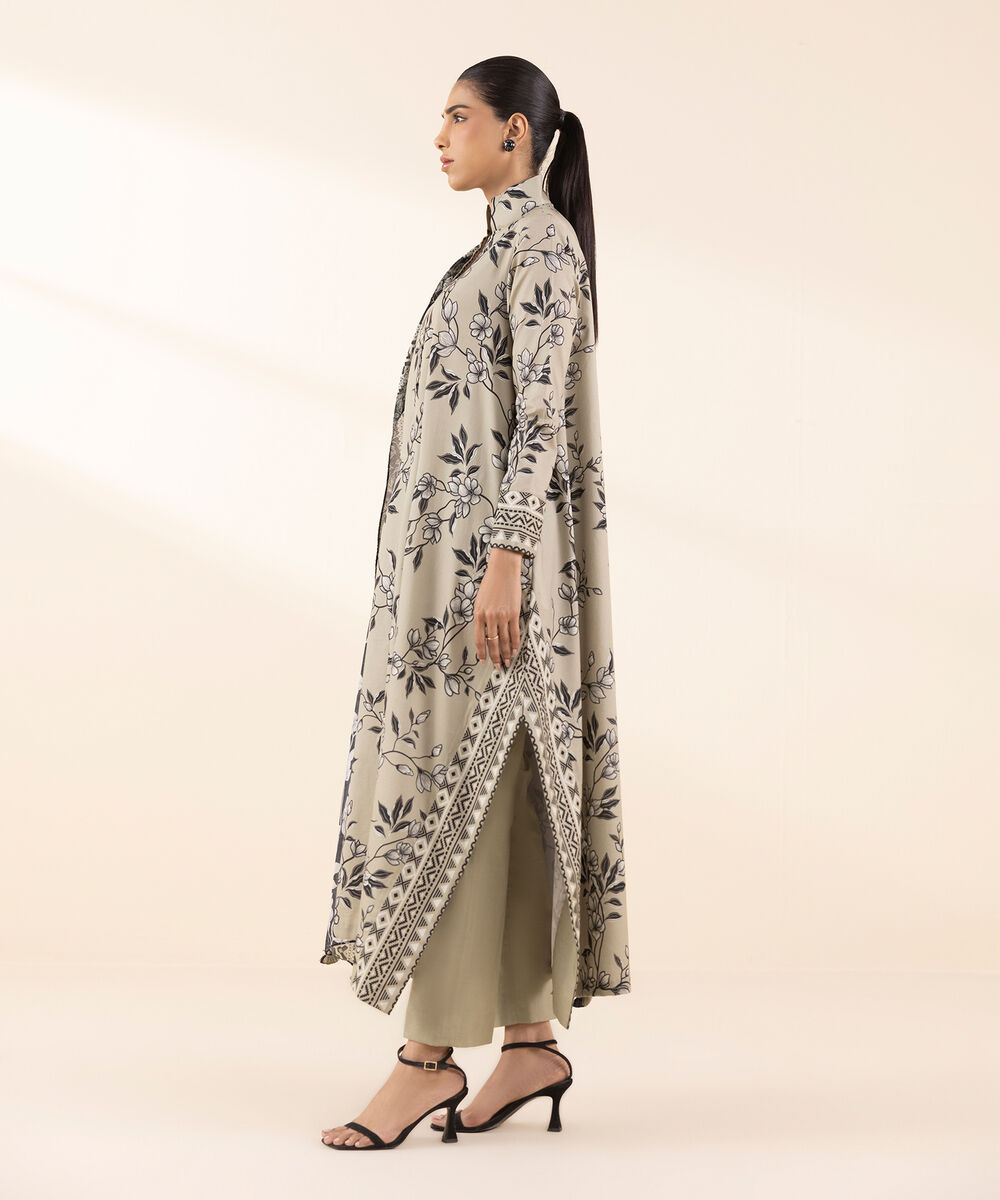 Women's Unstitched Lawn Printed Beige 3 Piece Suit