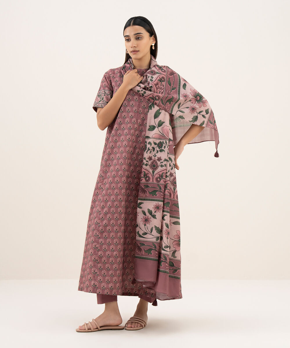 Women's Unstitched Lawn Printed Pink 3 Piece Suit