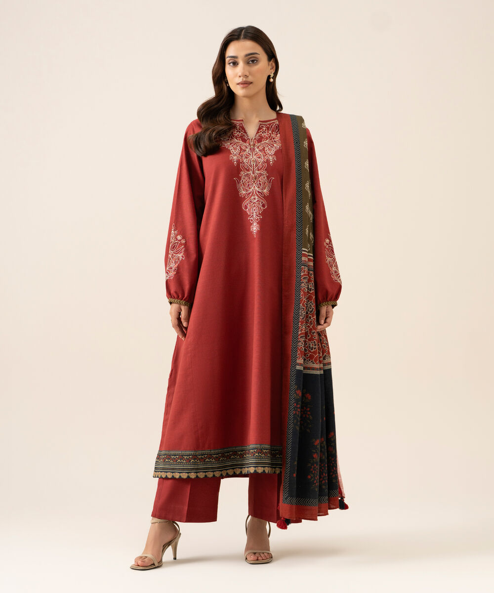 Women's Unstitched Light Khaddar Embroidered Red 3 Piece Suit