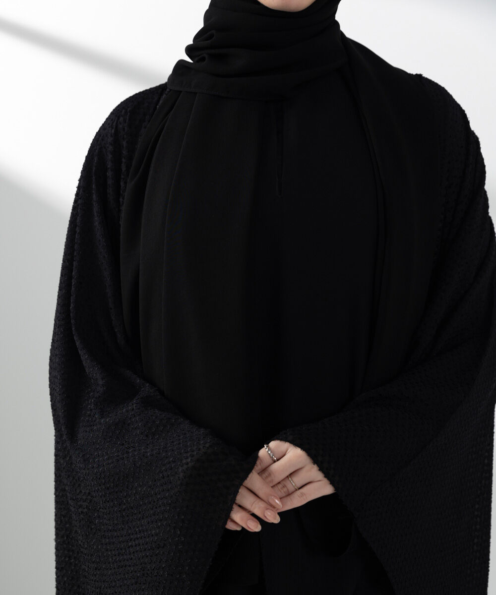 Woman - Black Front Open Cape Abaya Set