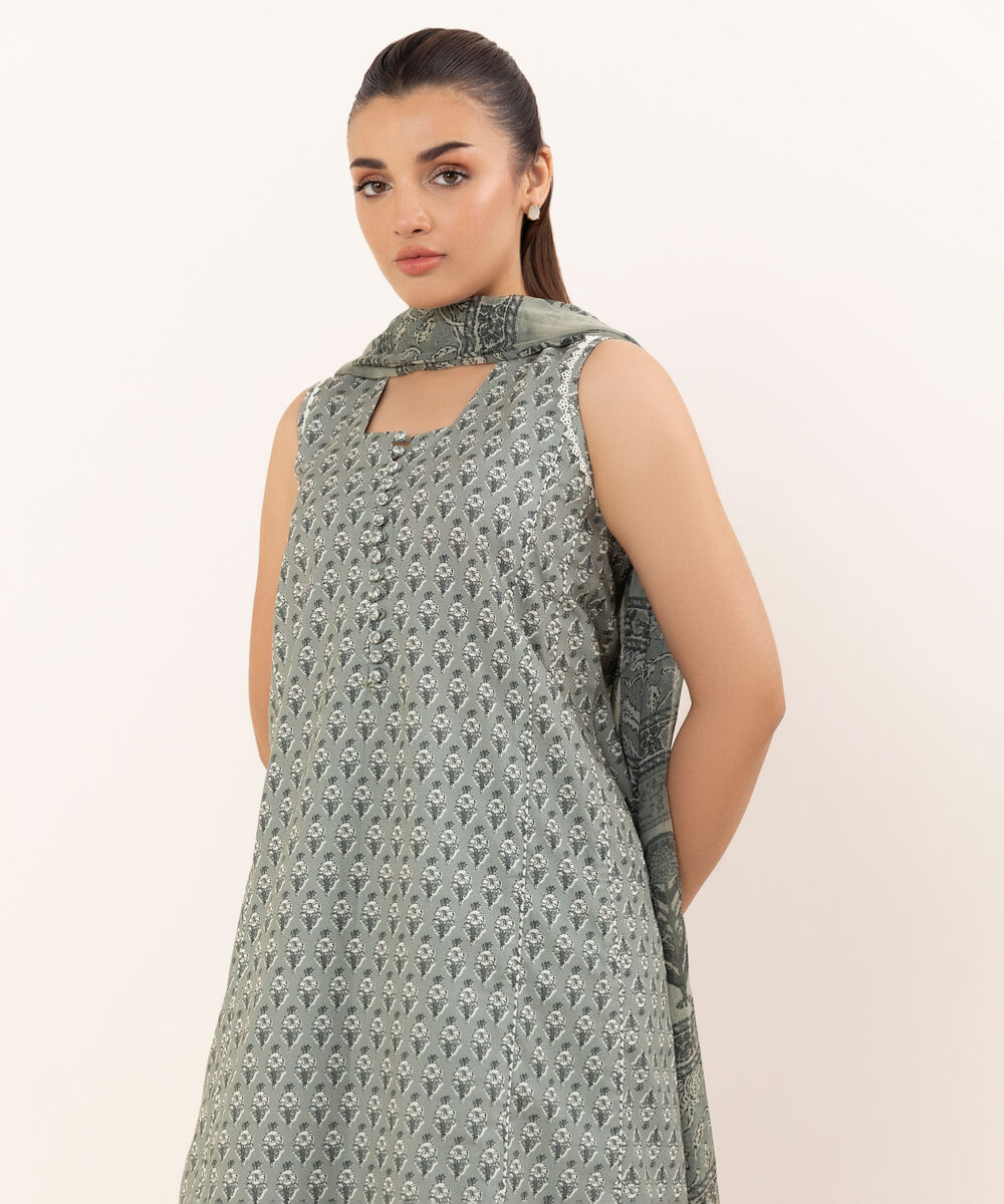 Women's Unstitched Cotton Printed Grey Three Piece Suit