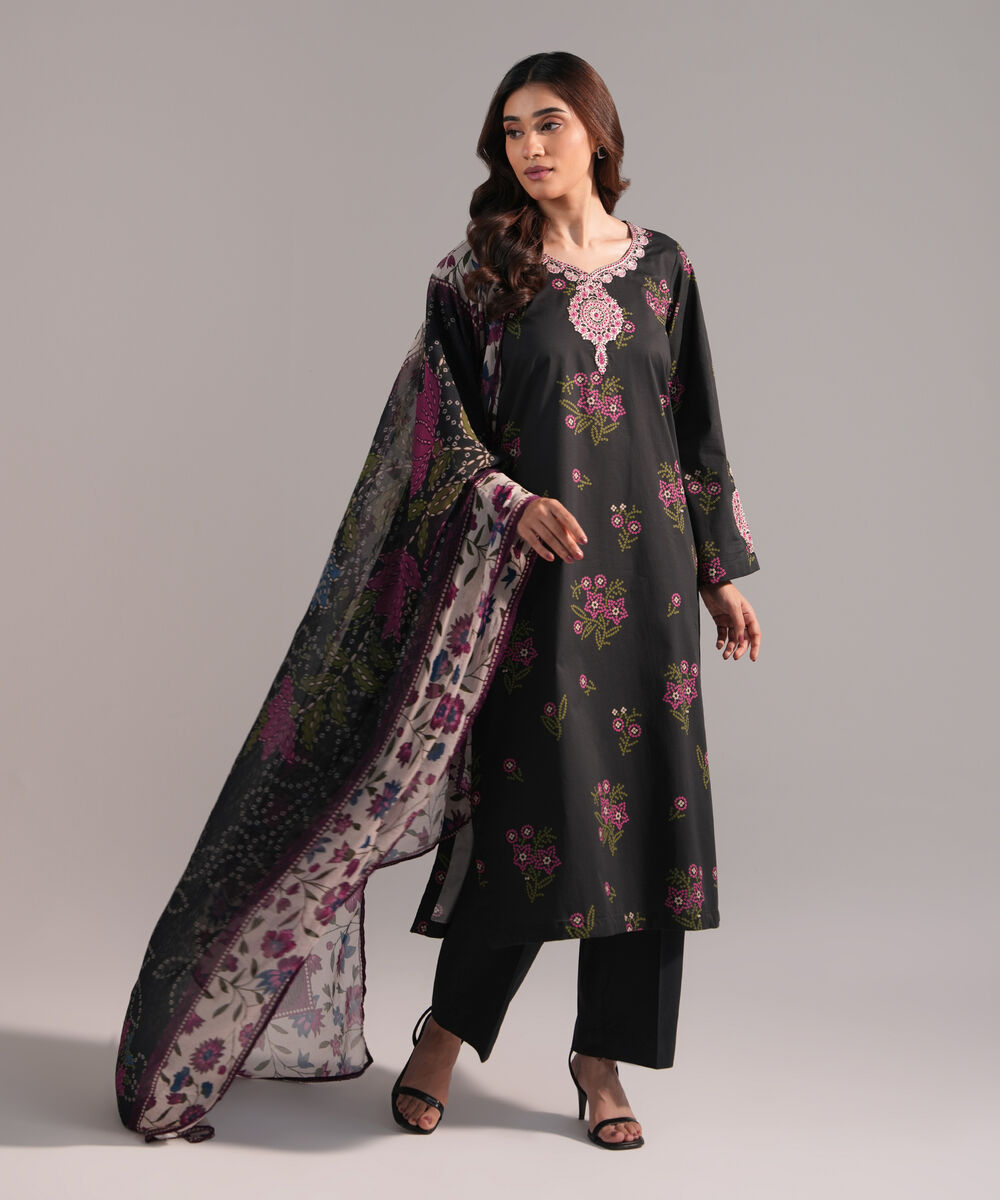 Women's RTW Cambric Embroidered Black 3 Piece Suit