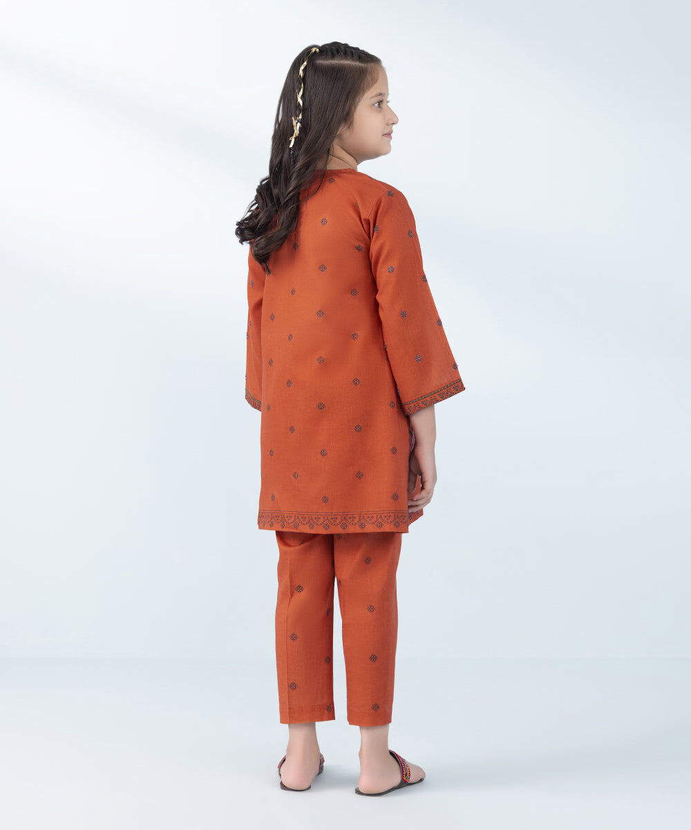 Kids East Girl's Orange 2 Piece Embroidered Khaddar Suit