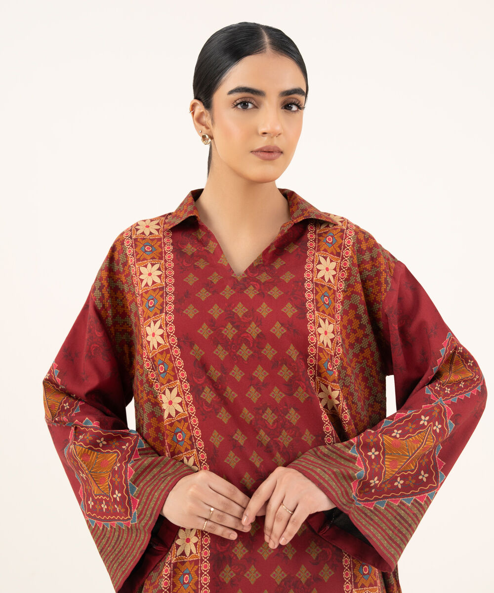 Women's Unstitched Viscose Khaddar Printed Red 2 Piece Suit