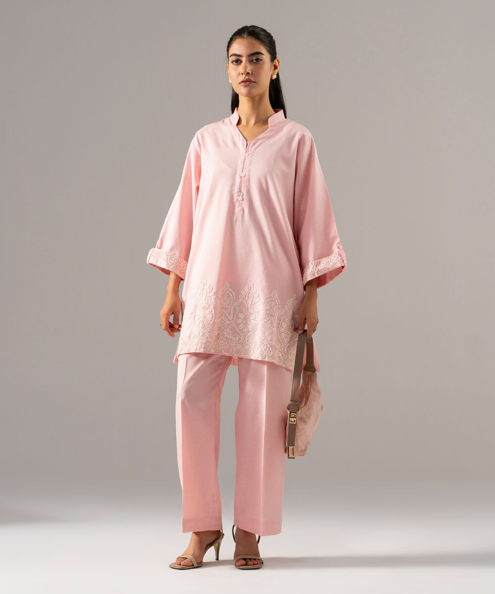 Women's RTW Cotton Linen Embroidered Pink 2 Piece Suit