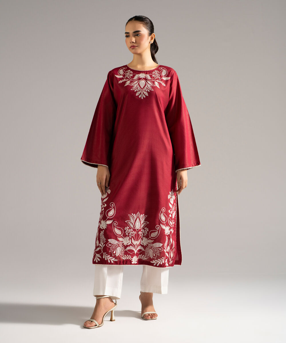 Women's RTW Zari Lawn Embroidered Red Straight Shirt