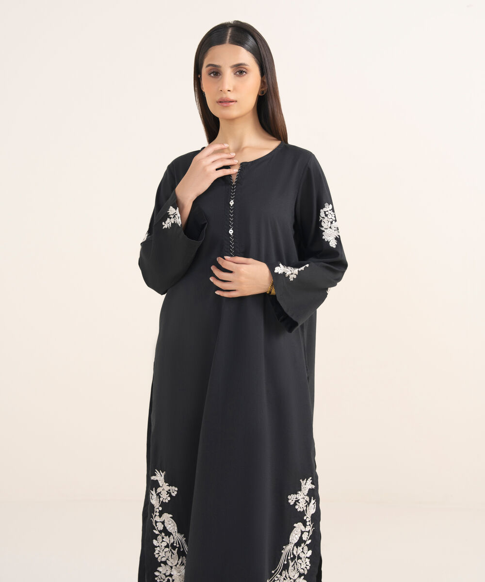 Women's RTW Lawn Viscose Black Embroidered Straight Shirt