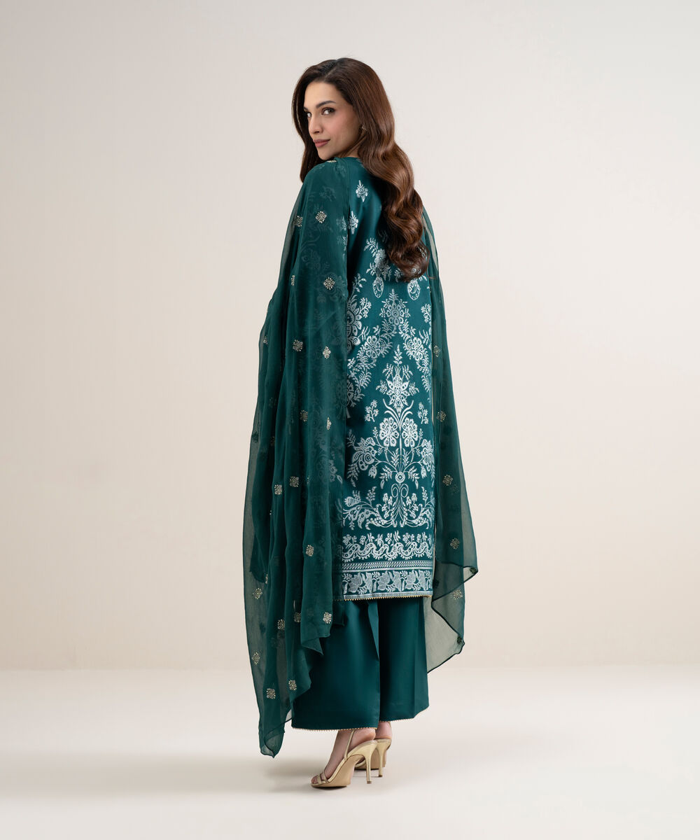Women's Unstitched Extra Weft Jacquard Embroidered Green 3 Piece Suit