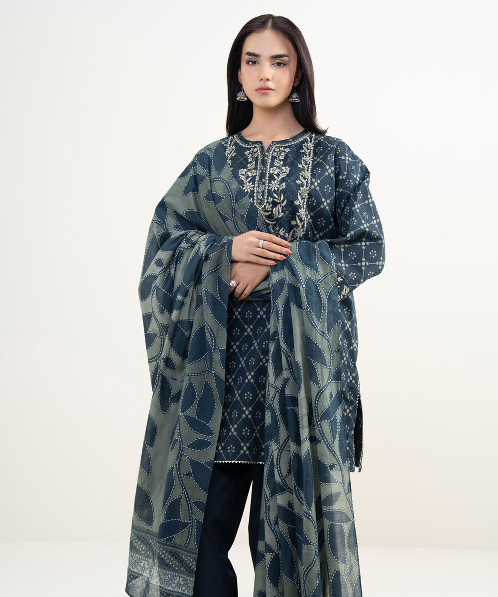 Women's Unstitched Lawn Embroidered Blue 3 Piece Suit