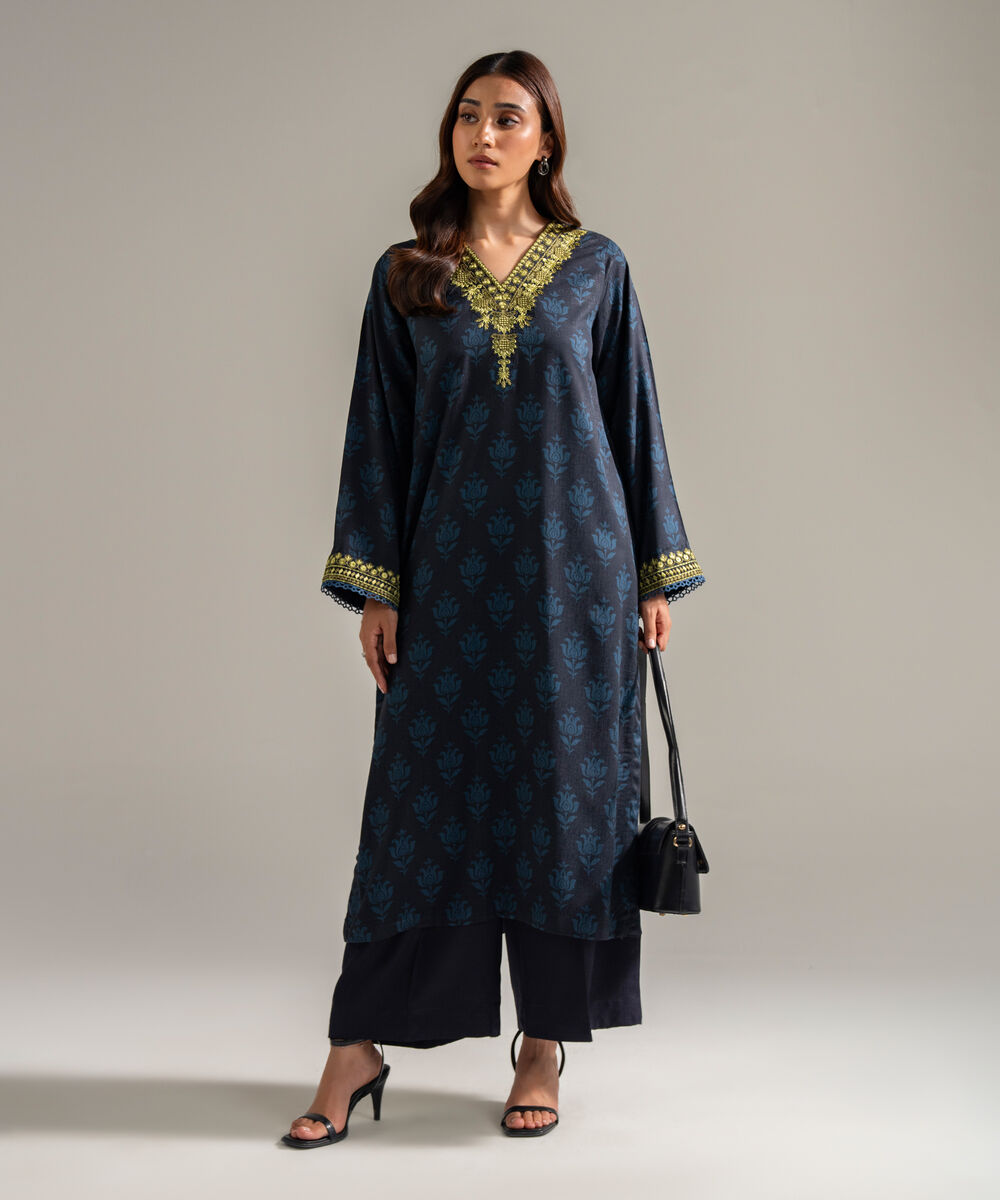 Women's RTW Self Jacquard Embroidered Black 2 Piece Suit