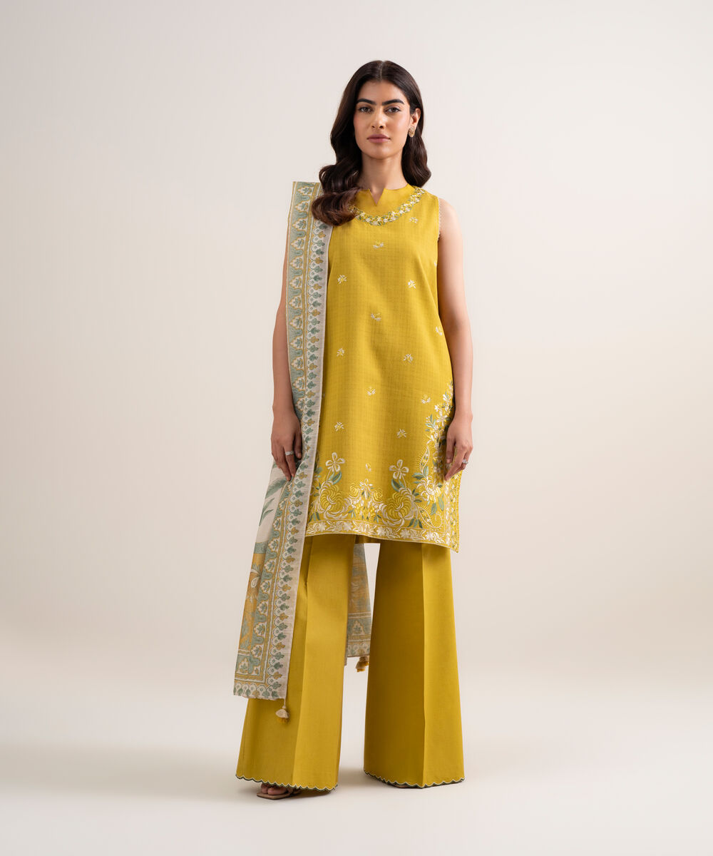 Women's Unstitched Dobby Embroidered Yellow 3 Piece Suit