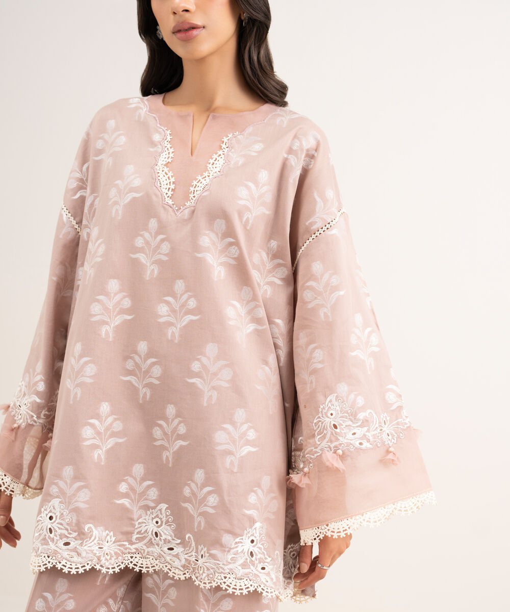 Women's RTW Self Jacquard Embroidered Beige 2 Piece Suit