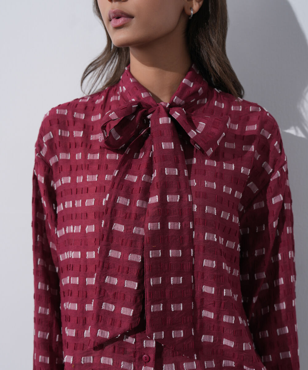 Women's Western Wear Red Textured Shirt With Knot Detail