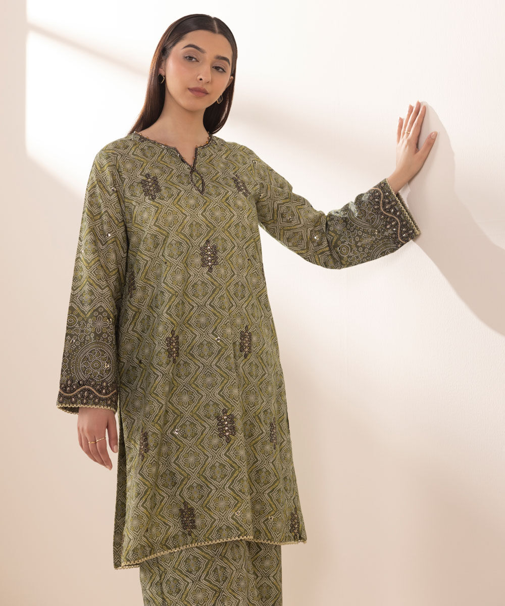 Woman - Green Embroidered Zari Lawn Shirt