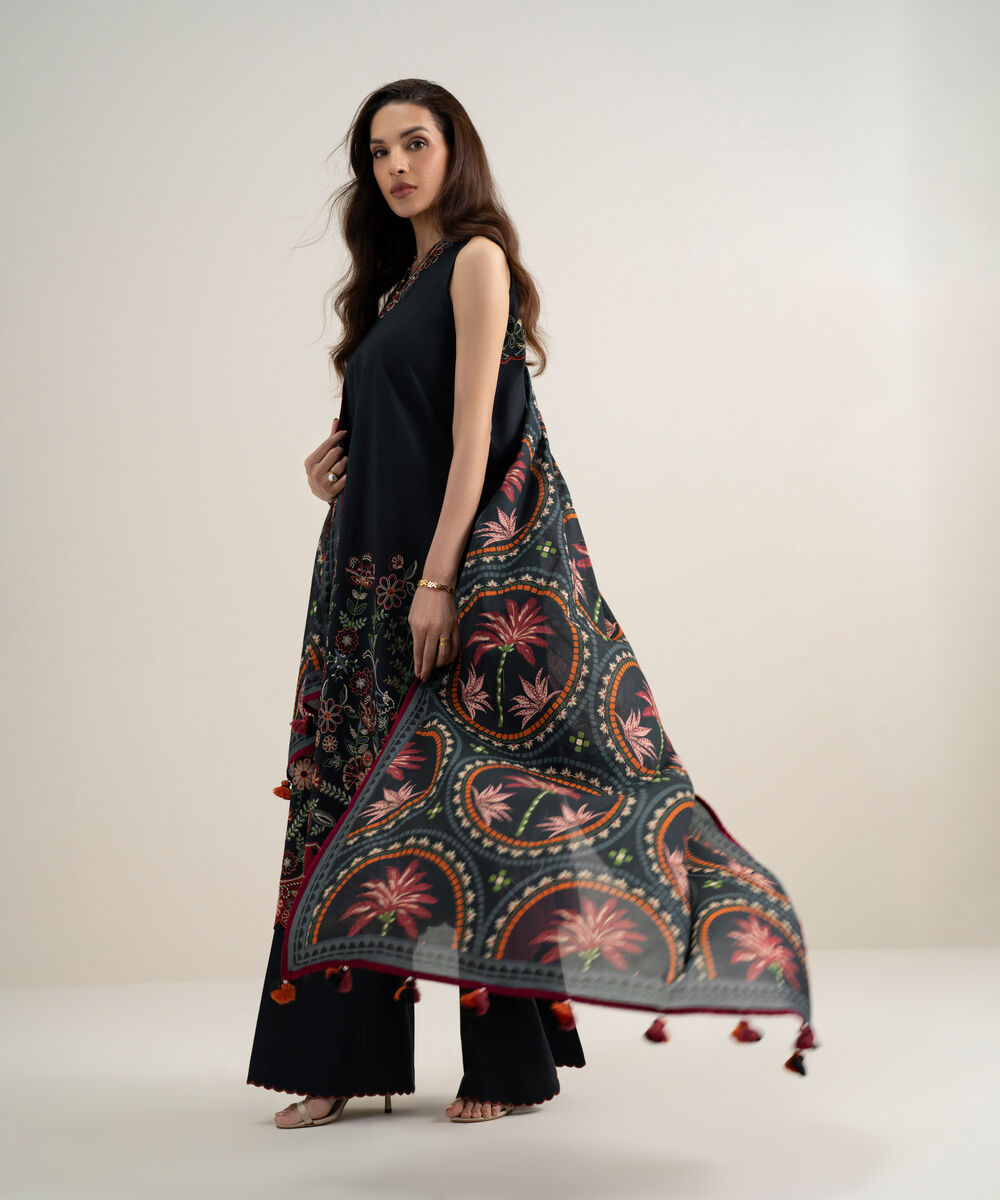 Women's Unstitched Dobby Embroidered Black 3 Piece Suit